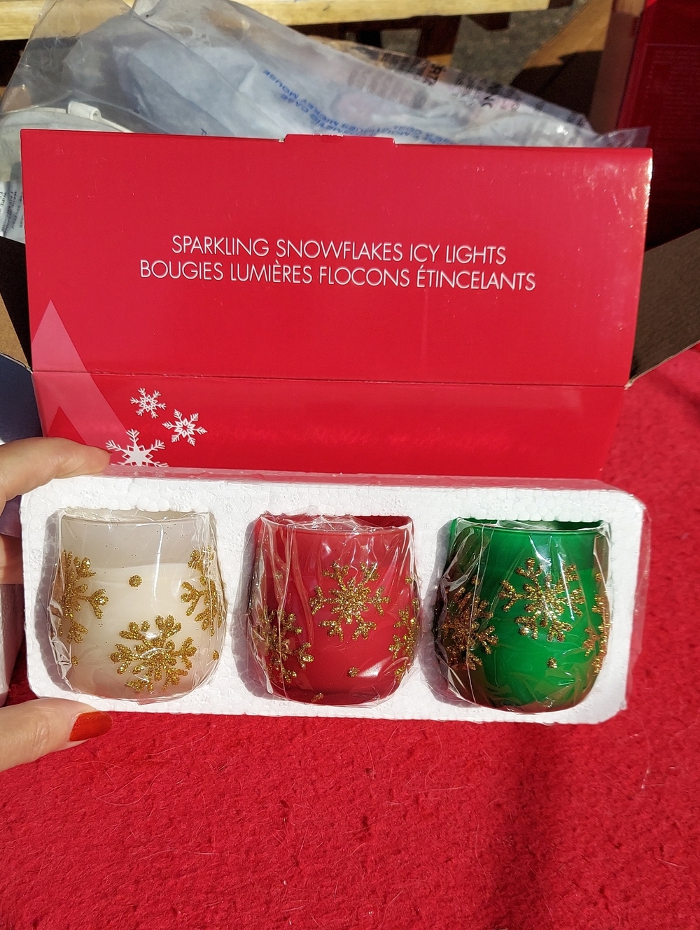 Avon Gold Snowflake Votive Trio in Red, Green & Cream